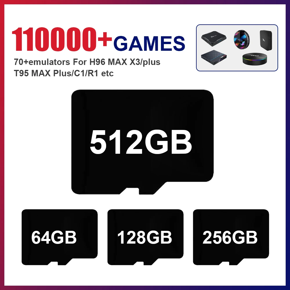 Game Card 70+emulators with 110000+ Games Used For S905X3 H96 MAX X3/plus/T95 MAX Plus/Hyper base C1/R1Video Game Console/TV BOX