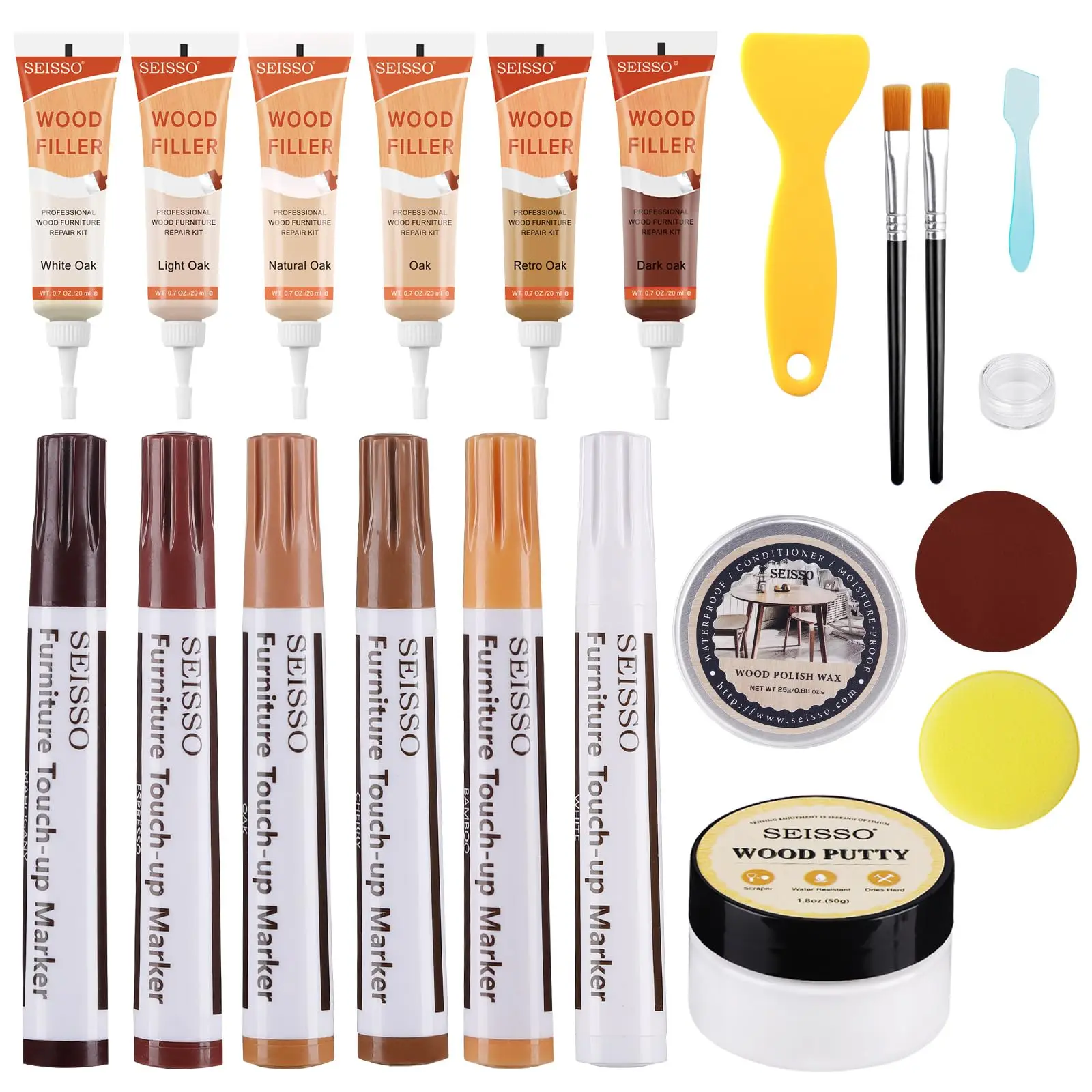 SEISSO Furniture Scratches Stains Cracks Repair Kit 6Pcs Colors Fillers 6 Markers Wood Putty Polish Wax Set For Door Table Cabin