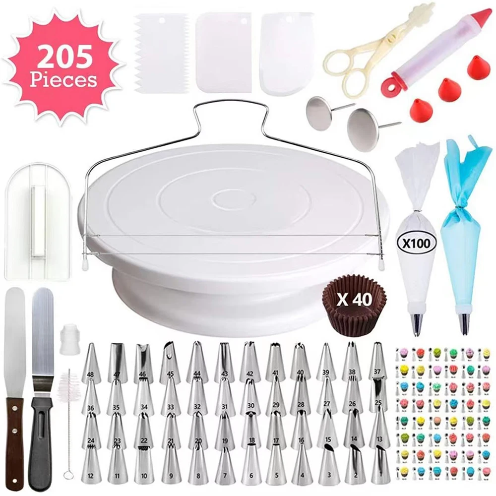 Description Picture 3 of item205/255PCS Anti-slip Cake Decorating Supplies Kit Tools Baking Accessories Cake Turntable Pastry Piping Bag Icing Scraper