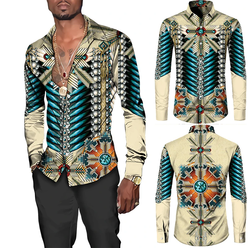 

Autumn Winter Fashion Men Shirts Turn-down Collar Buttoned Shirt Casual Vintage Print Long Sleeve Tops Mens Clothes Cardigan