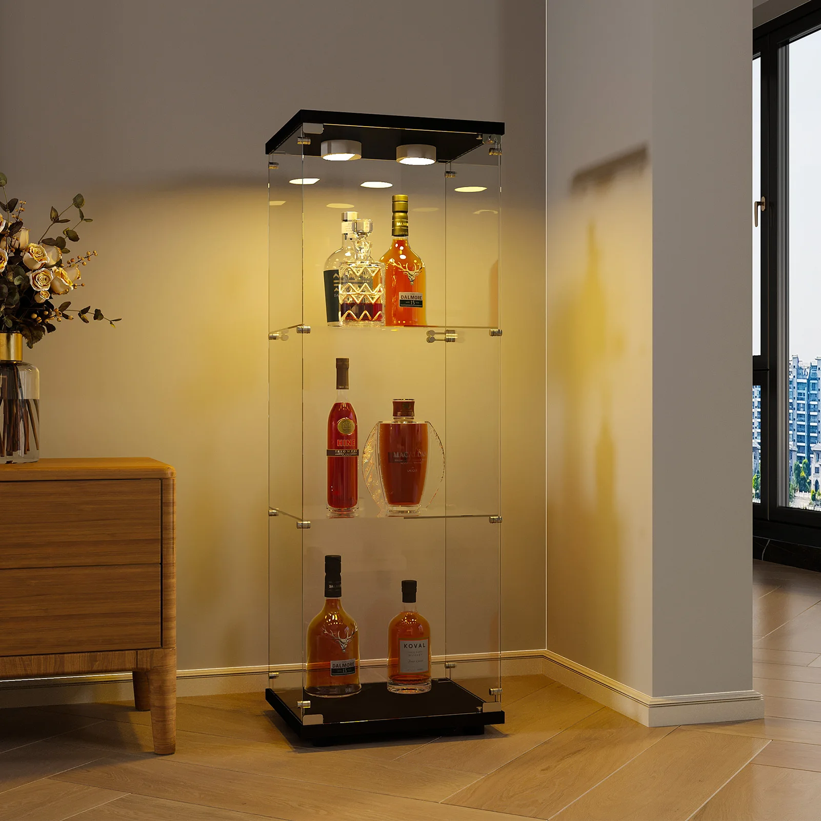 Superaly Moderner Freistehender Vitrinenschrank, 3 Etagen aus Sicherheitsglas mit Einzeltür, für Büro und Wohnzimmer, Schwarz – Detail 4