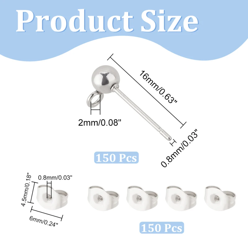 100 Pcs Silver Ball Post Earring Studs - 5mm Stainless Steel Earring Posts With Loops For DIY Jewelry Making