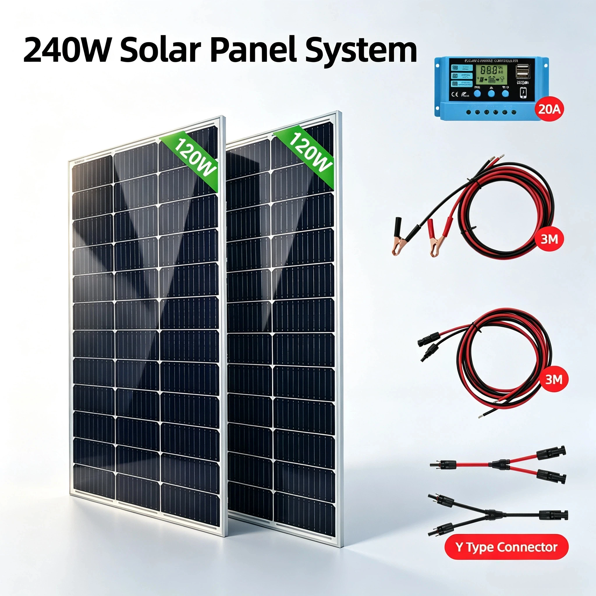 Kits de panneaux solaires 240W, 2 panneaux solaires en verre trempé 120W, modules photovoltaïques 18V, efficaces, étanches, durables pour batteries, extérieur, toit de maison, camping-car, bateau, camping 1 Kits de panneaux solaires 240W, 2 panneaux solaires en verre trempé 120W, modules photovoltaïques 18V, efficaces, étanches, durables pour batteries, extérieur, toit de maison, camping-car, bateau, camping 1