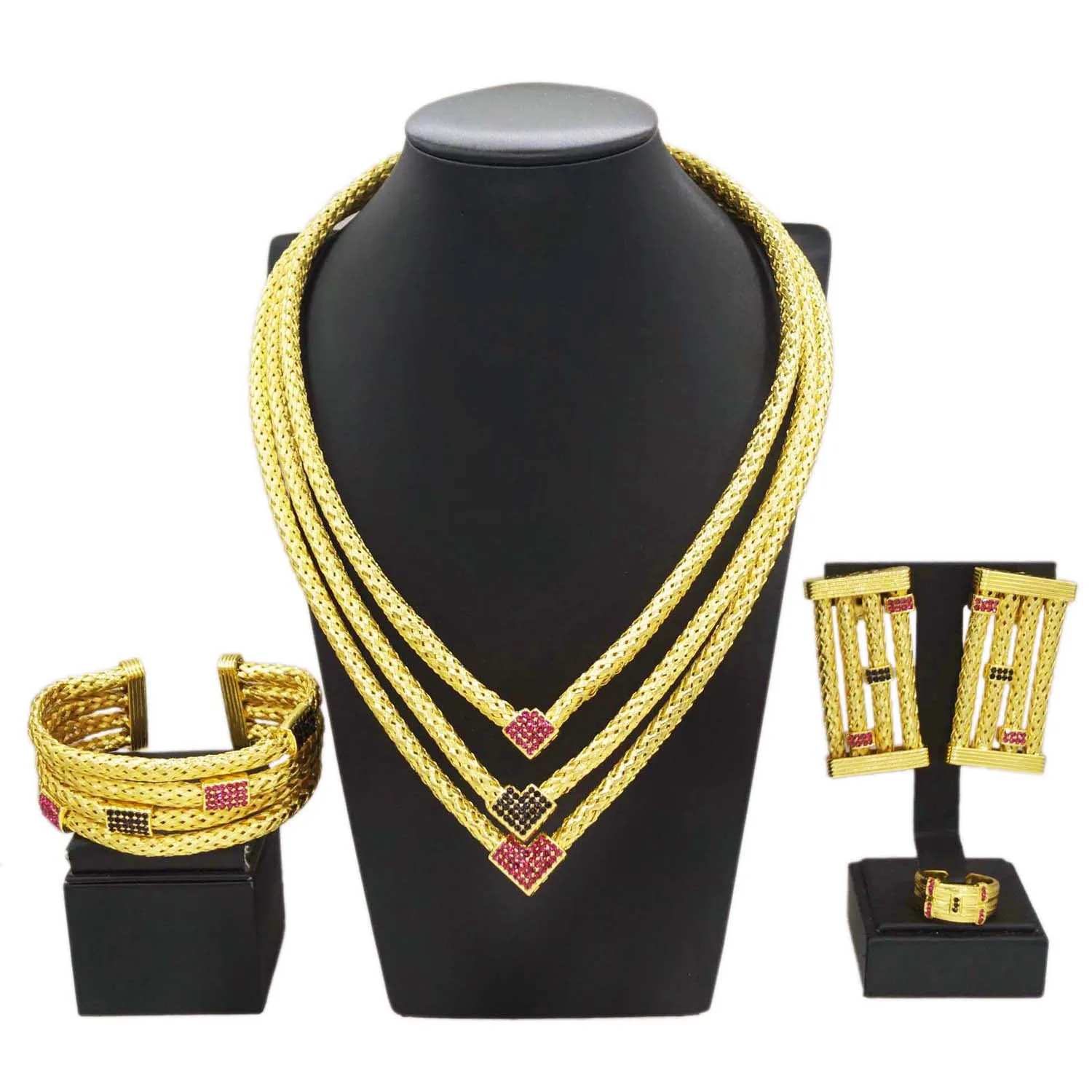 Gold Plating Jewelry 24k Original Women's Luxury Colorful Gold Plated Necklace Square Earrings Bracelet Luxury Wedding Bijoux - 3