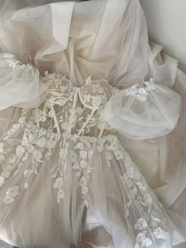 Elegant Tulle A-Line Off Shoulder High Slit Lace Bridal Long Wedding Dresses, WGB006