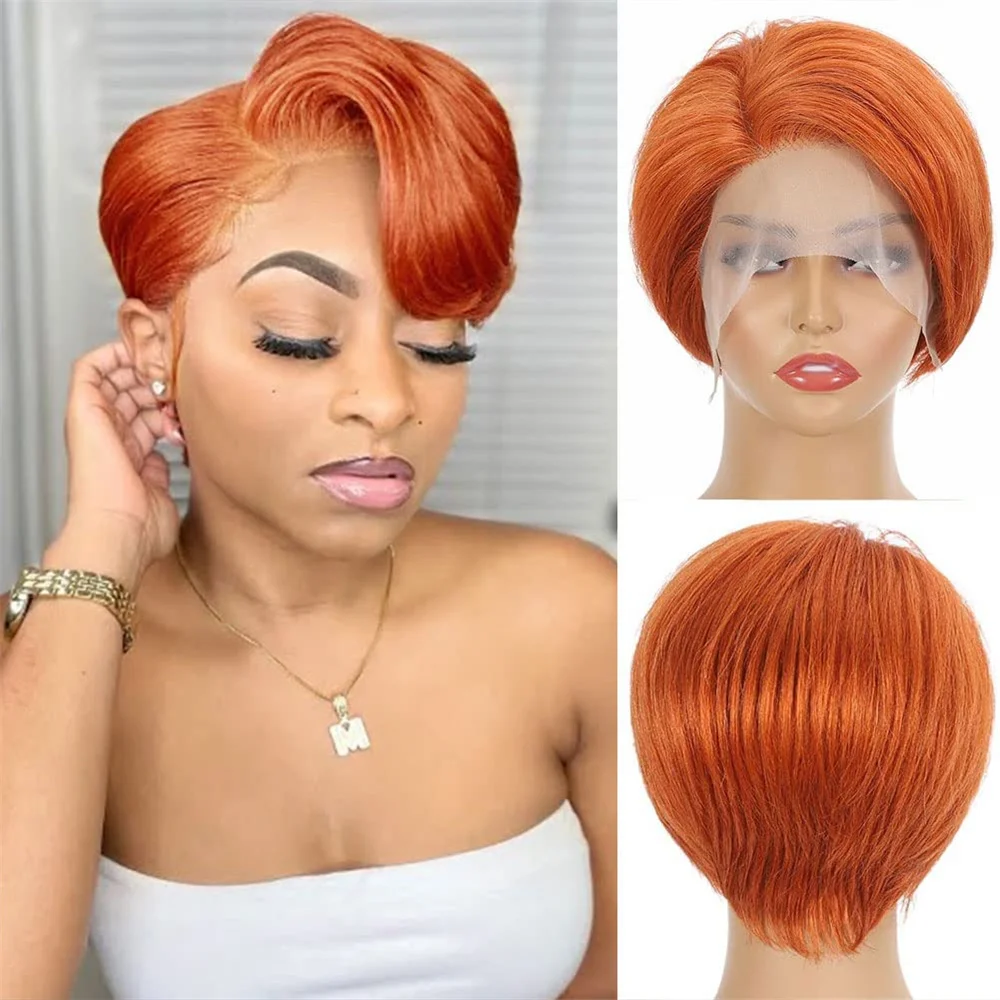 

Ginger Human Hair Wigs Short Pixie Cut Human Hair Wig Straight Colored Side Part Lace Wig For Women 99J 1B27 1B30 GINGIN