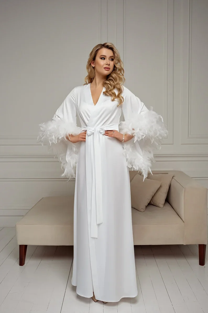 Soft White Wedding Robe Bridal Feather Sleeves Gown Bride Silk Boudoir  Robes Satin Bridal Lingerie Long Bathrobe Handmade Kimono - Robes -  AliExpress