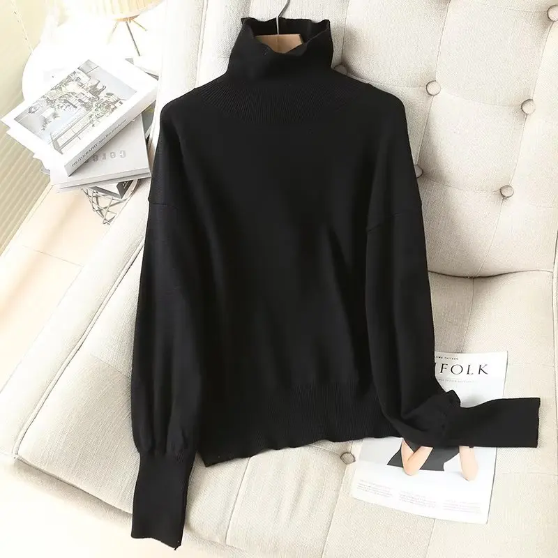 

Withered French Fashion Turtleneck Sweaters Women Vintage Batwing Sleeve Loose Sweaters