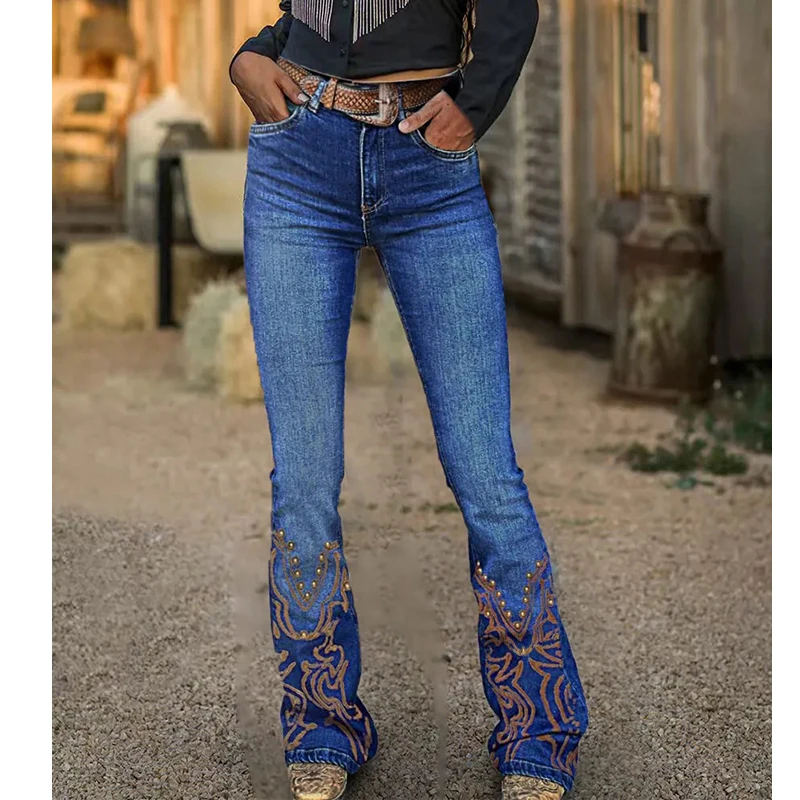 Elegant Country Wear| Distressed High Waisted Flared Cowgirl