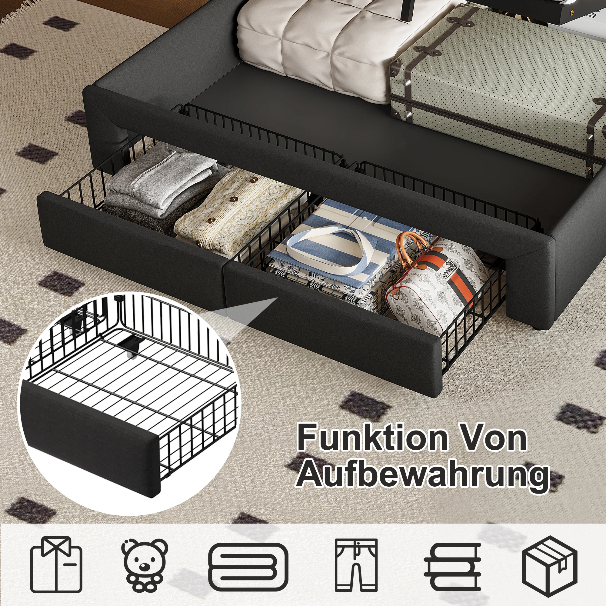 Anajqaqia 140/160 x 200 cm gepolstertes Bett mit 2 Schubladen, Doppelbett, Kopfteil mit Stauraum und LED-Licht, Bettrahmen, Leinen, Dunkelgrau – Detail 8