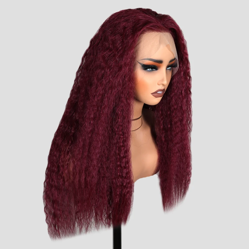 13X4 Lace Wig Kinky Straight Frontal Synthetic Wig 99J Burgundy for Women Kinky Straight Preplucked With Baby Hair Cosplay Daily