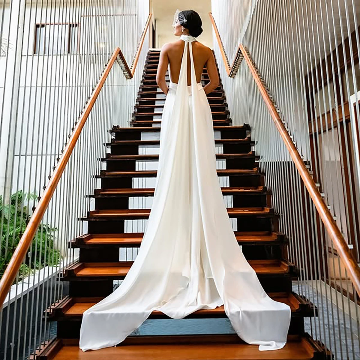 Customized Halter Neckline Plunge Satin Wedding Dress Deep V Sleeveless  Sheath Sexy Simple Bridal Gowns with Long Neck Scarf - AliExpress 320