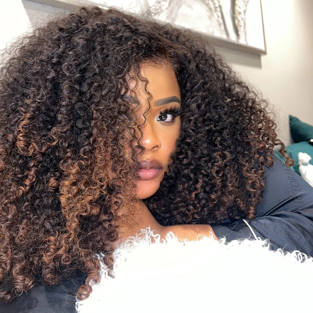 Ombre Brown Wear Go Human Hair Wigs Pre-Styled Layered Cut Kinky Curly Wig HD 7x5 Glueless Pre-Cut Wig for Quick Installation 3