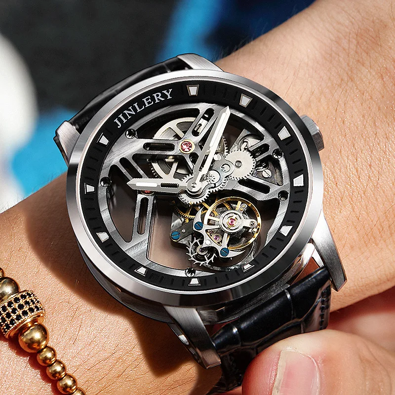 

JINLERY Luxury Sports Watch Real Tourbillon Mechanical Watch for Men Free Shipping Fashion Skeleton Wristwatch Relogio Masculino