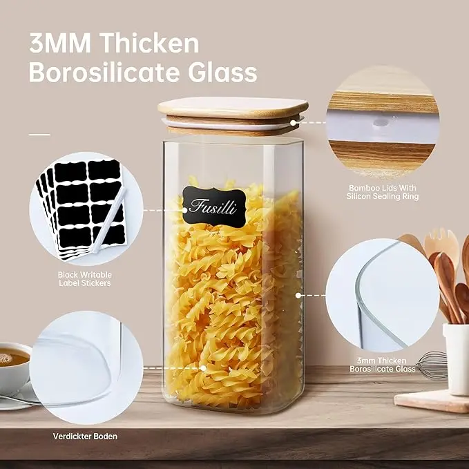 5-Piece Square Glass Canister Set - Bamboo Airtight Lids for Pasta/Cereal/Flour (Multi-Size Pantry Storage) 3
