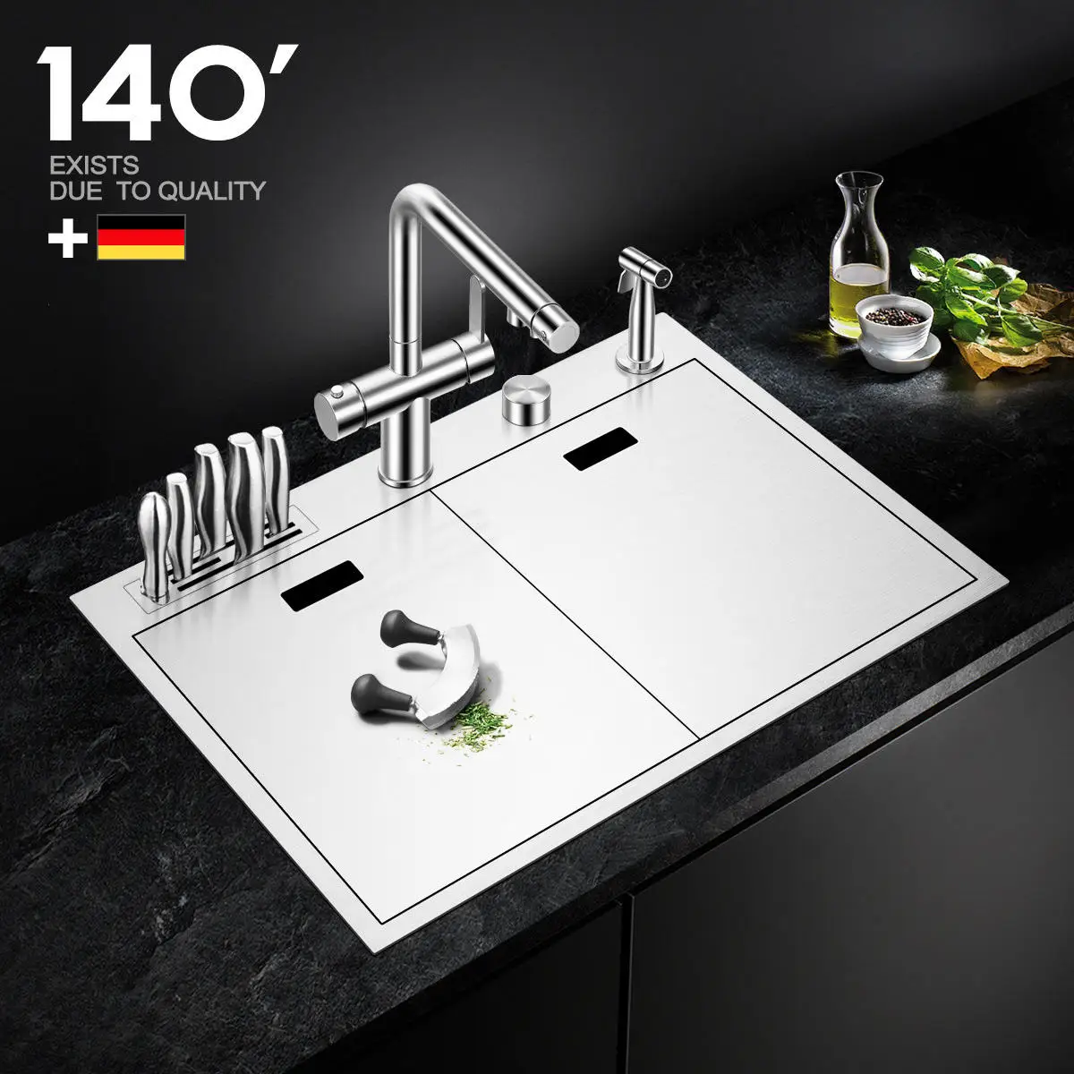 

Matt Kitchen Sink Basin Hidden Faucet Handmade 220mm Depth Brushed Stainless Steel Above Mount Washing Single Kitchen Si