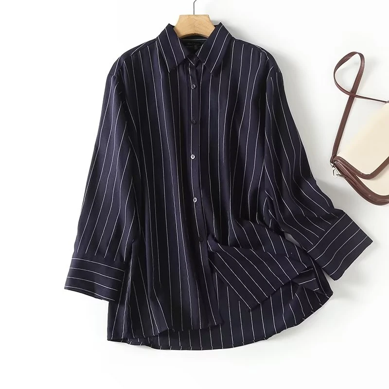 Withered French Office Ladies Elegant Vintage Striped Linen Shirt Boyfriend Style Navy Blue Fashion Loose Shirt Tops Women