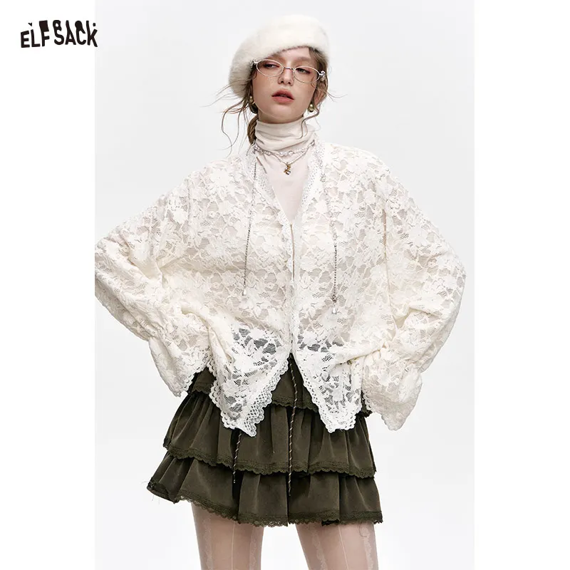 ELFSACK 2025 Lace Chiffon Shirt Women Sheer See Through V Neck Loose Blouse Romantic Cottagecore Elegant Layering Lace Top