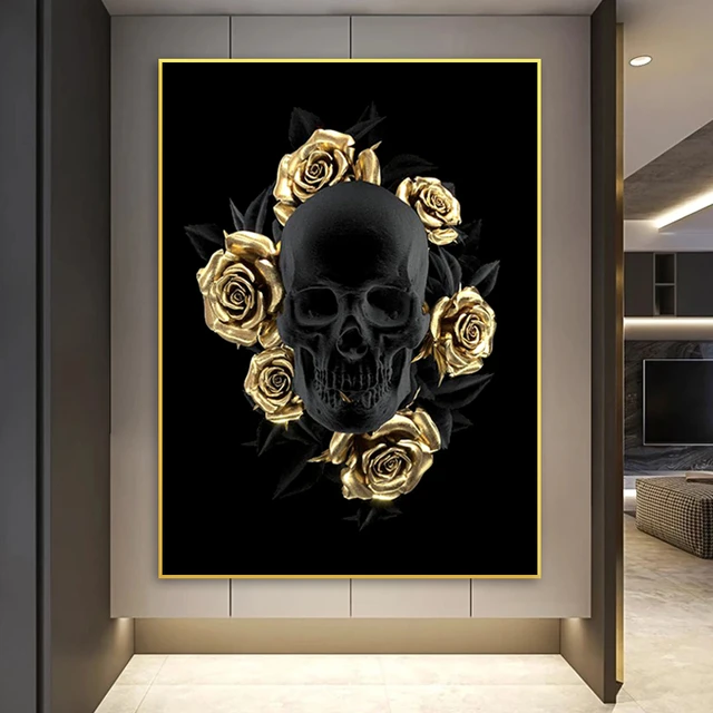 Death Rose Schädel Für - drucke Und Kunst Malerei Schwarz AliExpress Dekoration Gold Bild Gothic Wohnzimmer Blume Poster Kunst Wand Leinwand