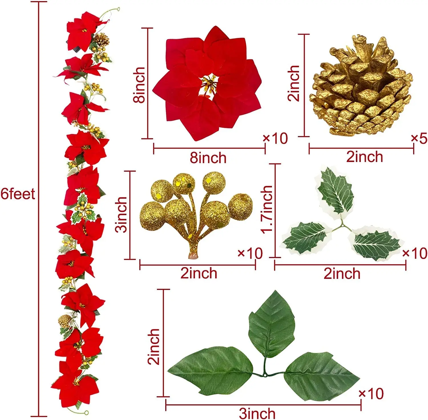 Guirlanda Vermelha/ Branca/prata Com Poinsettia Aveludada 60cm - Natal 2023