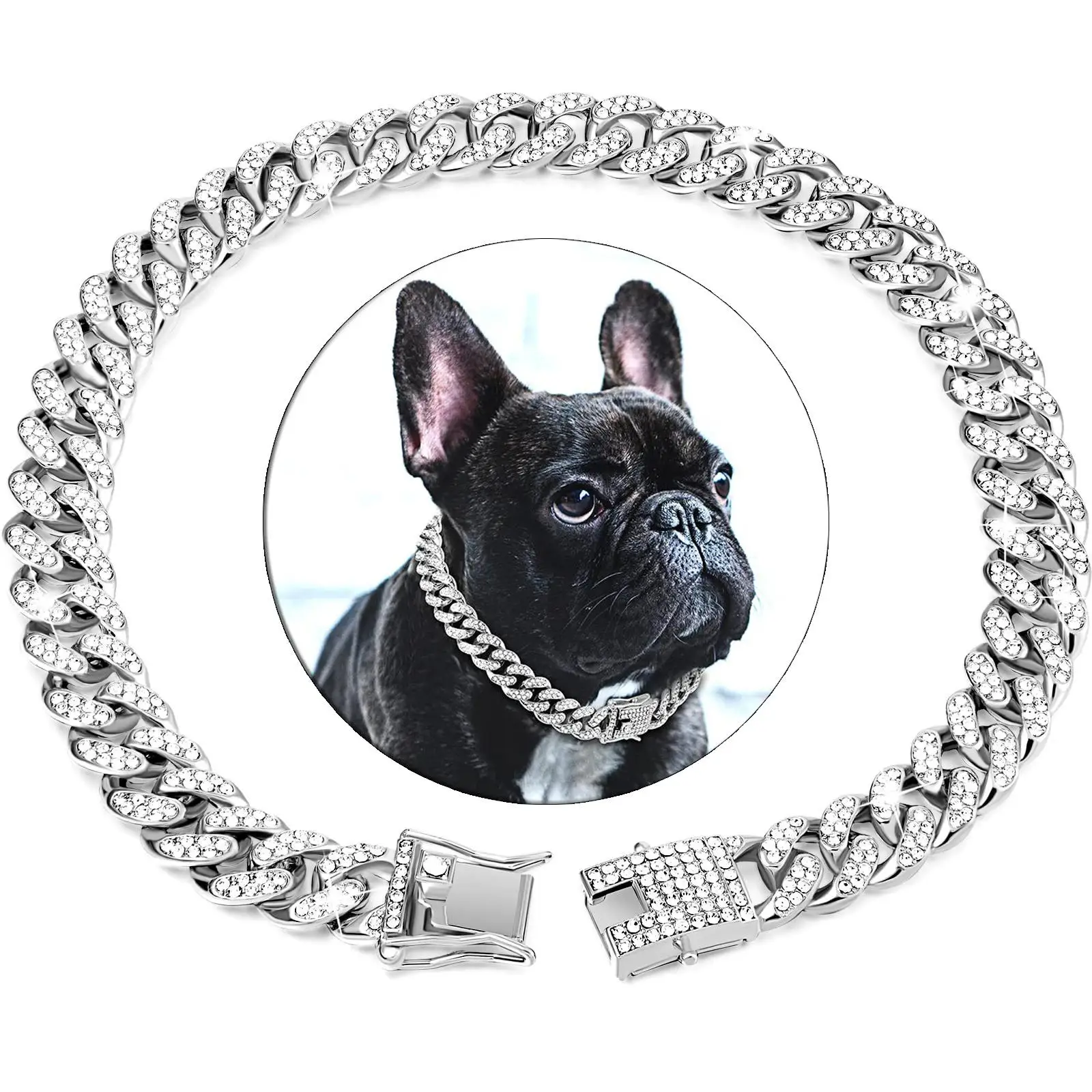 

Diamond Dog Accessories Chain Cuban Collar Walking Metal Chain Collar with Design Secure Buckle, Pet Cat Cuban Collar Jewelry