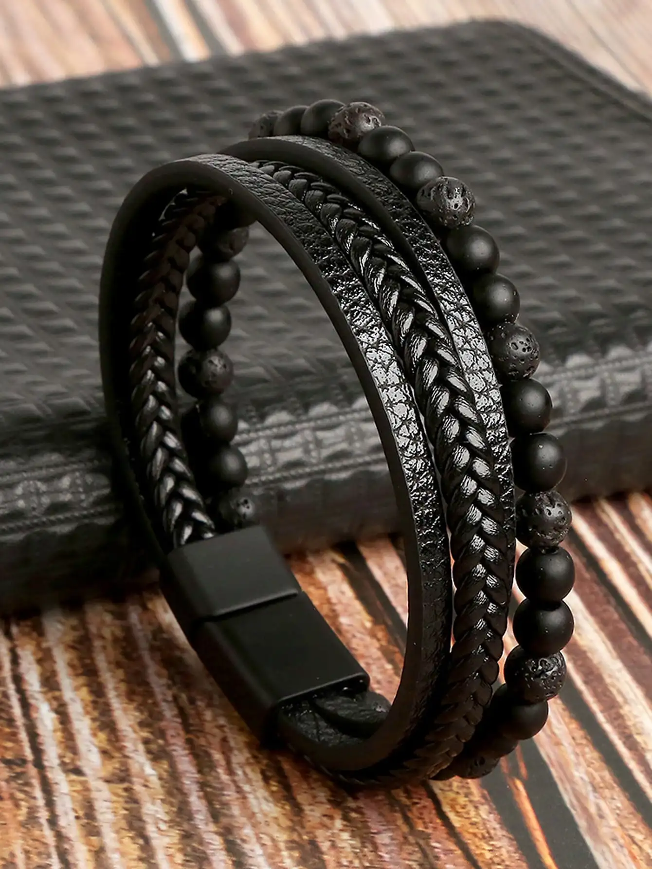Vintage Men's Natural Stone Lava Matte Black Onyx Multi-Layer Leather Beaded Bracelet leather bracelet beaded bracelet stone bracelet