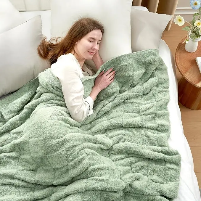 50x60 Inch Faux Fur Throw Blanket - Solid Sage Green Checkered Design, Microfiber Yarn, Cozy and Warm, Perfect for Couch, Sofa, 4