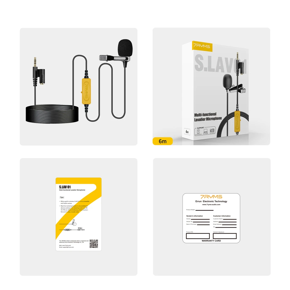7Ryms S.LAV 01 6m Portable Omnidirectional Condenser Monitor Lavalier Microphone for iPhone Android Smartphone/iPad/DSLR Camera