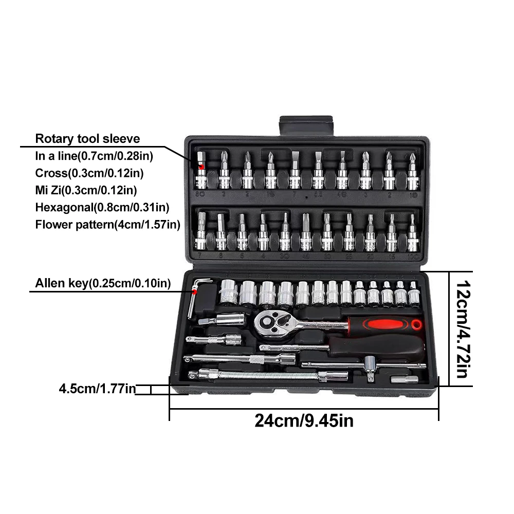 46PCS Ratchet Wrench Tool Set 1/4 Metric Socket Wrench Household Manual Repair Tools for Bike Repair: 3 - 5 Days Free Delivery only UK