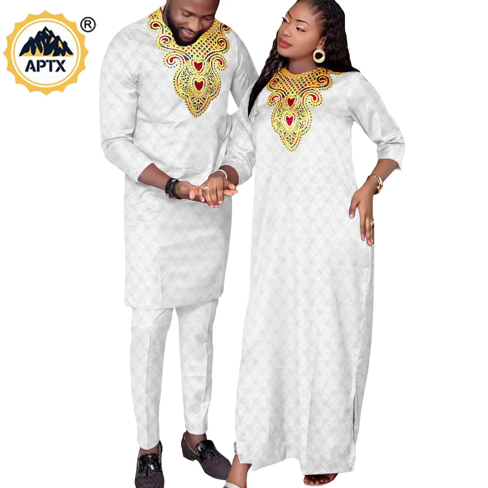 African Couples Clothes Kaftan Dresses for Women Matching Men Outfits Abaya Bazin Riche Muslim Pant Sets Wedding Outwear Y22C028