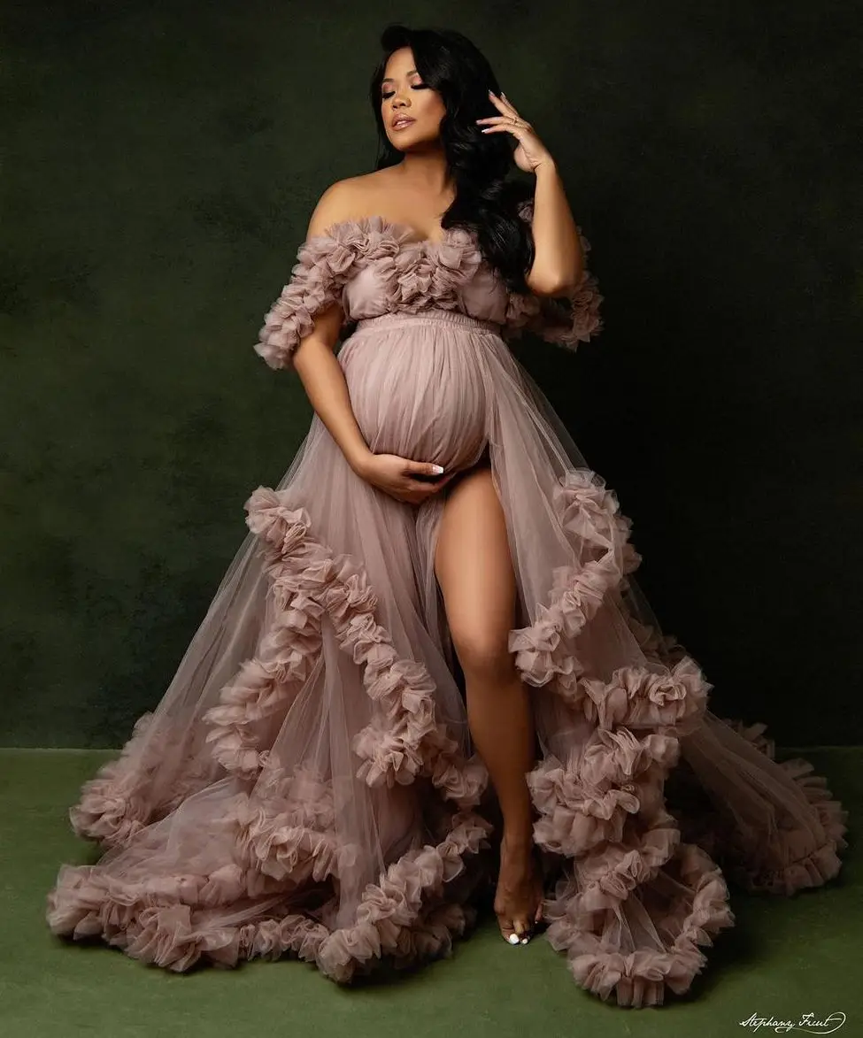 Dusty Pink Split Maternity Dress for Photography Ruffled Off The Shoulder Maternity Robe Photo Shoot Dresses Women Baby Shower