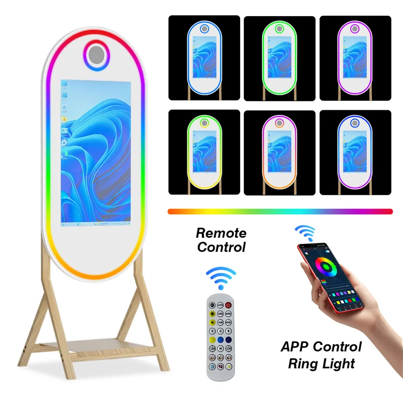 55-inch imitation wood grain foot magic mirror photo booth, 32-inch touch screen magic mirror, built-in mini computer, with flig Abb21b2b753f04781b2cbd5f0169e8707f