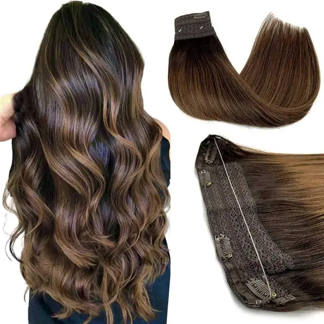 Extensions de cheveux en fil de cheveux humains réels Balayage brun foncé à brun châtain Invisible Transparent Remy ligne de poisson Extensions de cheveux 1