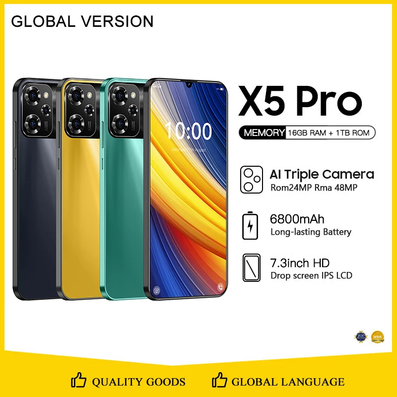 

Mobile Phone X5 Pro 7.3 HD Screen Smartphone Original 16G+1T 5G Dual Sim Celulares Android Unlocked 108MP 6800mAh cellphone