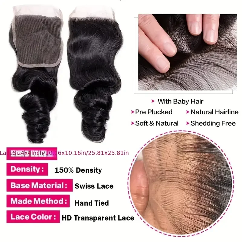 Loose Wave 3/4 Pcs Bundles With Frontal Brazilian Remy Human Hair Bundle With Transparent Lace Closure Natural Color Human Hair