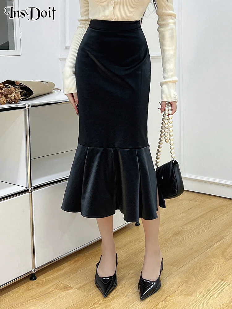 

InsDOit Gothic PU Faux Leather Ruffles Skirt For Women Darkness Y2K Waist Zip Knee-Length Sexy Punk Elegant Clubwear Party Dress