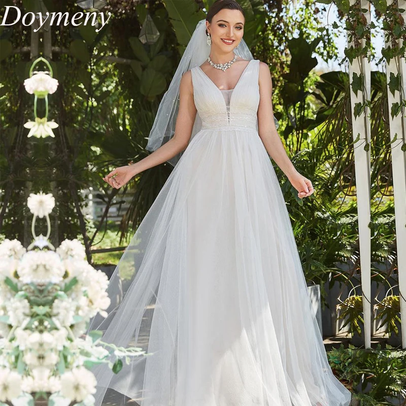 

Doymeny Bridal Wedding Dress V-Neck SweepTrain Backless Tulle Spaghetti Straps Sleeveless Exquisite A-Line Luxury Robe De Mariée