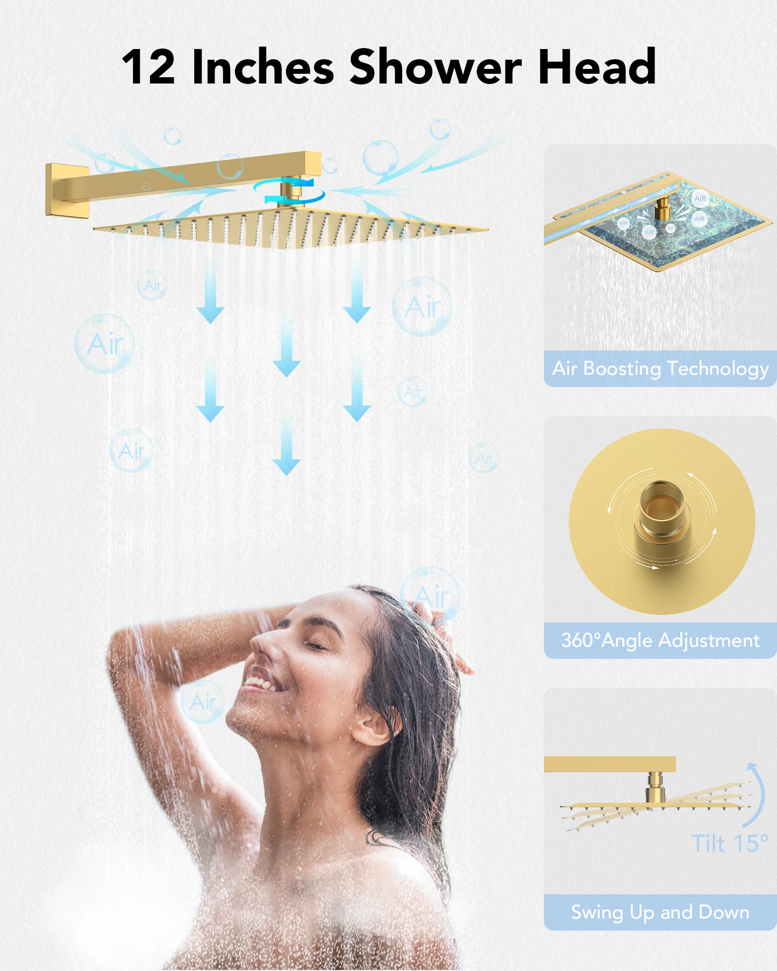 EVERSTEIN Luxury 12 Inch Thermostatic Shower Head System Wall Mount Rainfall Shower Faucet Set with Konb Diverter & Massage Jets 4