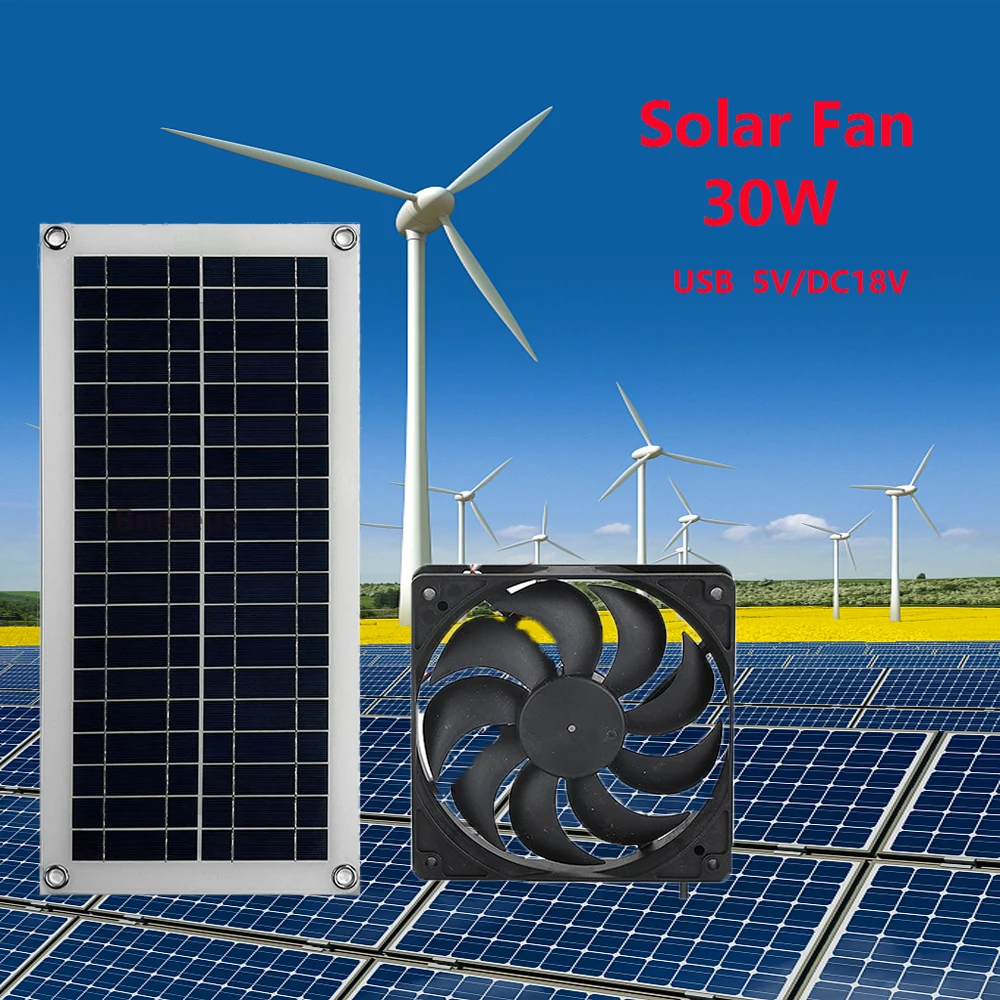 

30W 12V Solar Panel Powered Fan 12cm Mini Ventilator Solar Exhaust Fan for Dog Chicken House Greenhouse RV Car Fan Charger