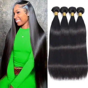 Extensioni di Capelli Umani Neri Lisci, Non Trattati, Brasiliani Remy Vergini, Grezzi, da 18, 20, 22, 24 Pollici