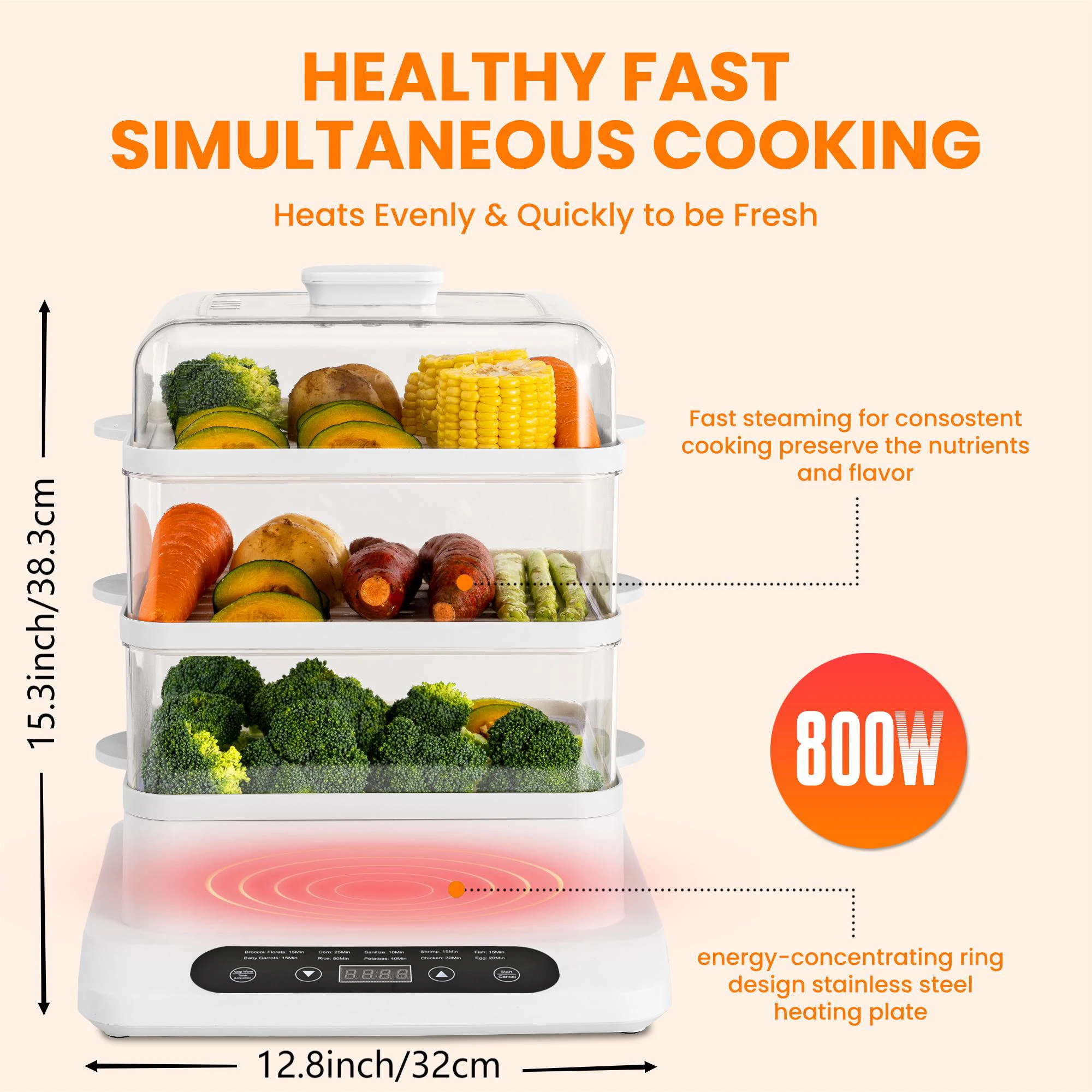 Food Steamer 3 Tier 16QT Electric Vegetable Steamer with Keep Warm and Timer Multifunctional Digital Steamer (800W) 6