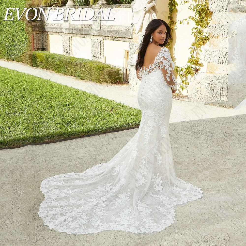 EVON BRIDAL Oversize  Wedding Dresses A-Line Appliques Long Sleeve Bridal Gowns Mermaid Backless Button Back Bride Dress 2024 4