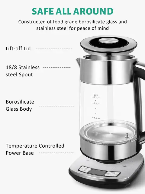 CACHOO Electric Kettle Temperature Control - 1.7L Glass Tea Kettle Electric with Infuser, 60Min Keep Warm & Automatic Shut Off 2