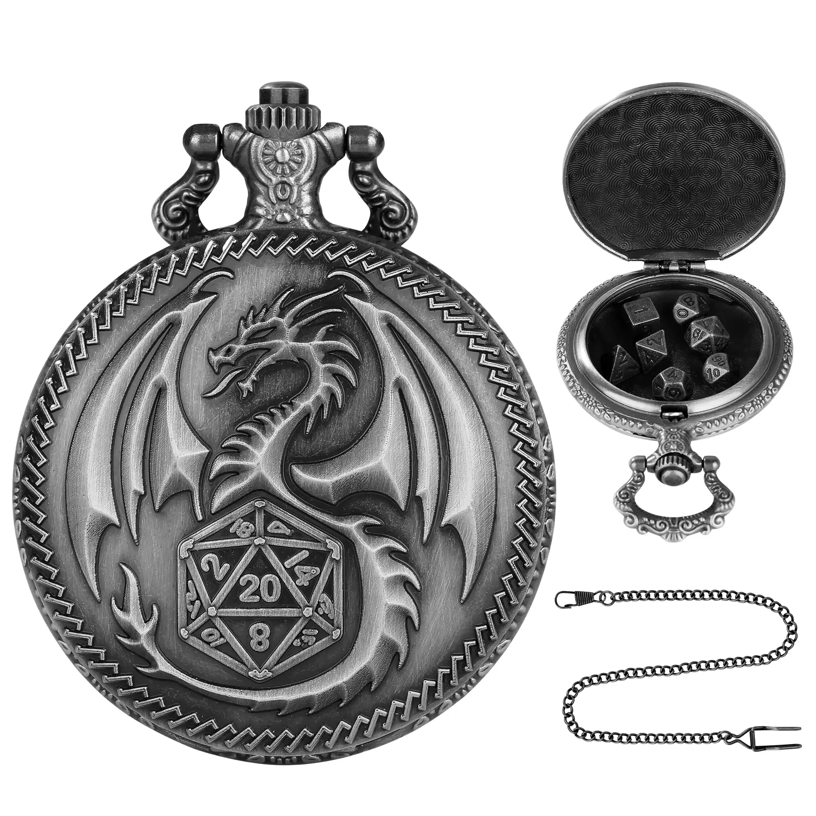 Vintage-Inspired Double Dragon DND Dice Jewelry Pocket Watch Case with 7 Metal Dice Set