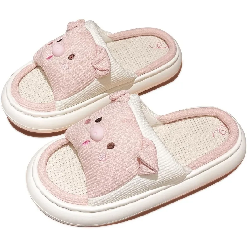 Rabbit Pig And Frog Open-Toe Linen Slippers, Cute Animal Breathable Non-Slip Sandals,Cotton Linen Couple's Home Shoes Indoor And