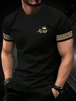 T-shirt pour homme, t-shirt décontracté noir et doré pour homme, imprimé avec le motif « King » couronne + bras, vêtements de luxe léger, personnalité 3