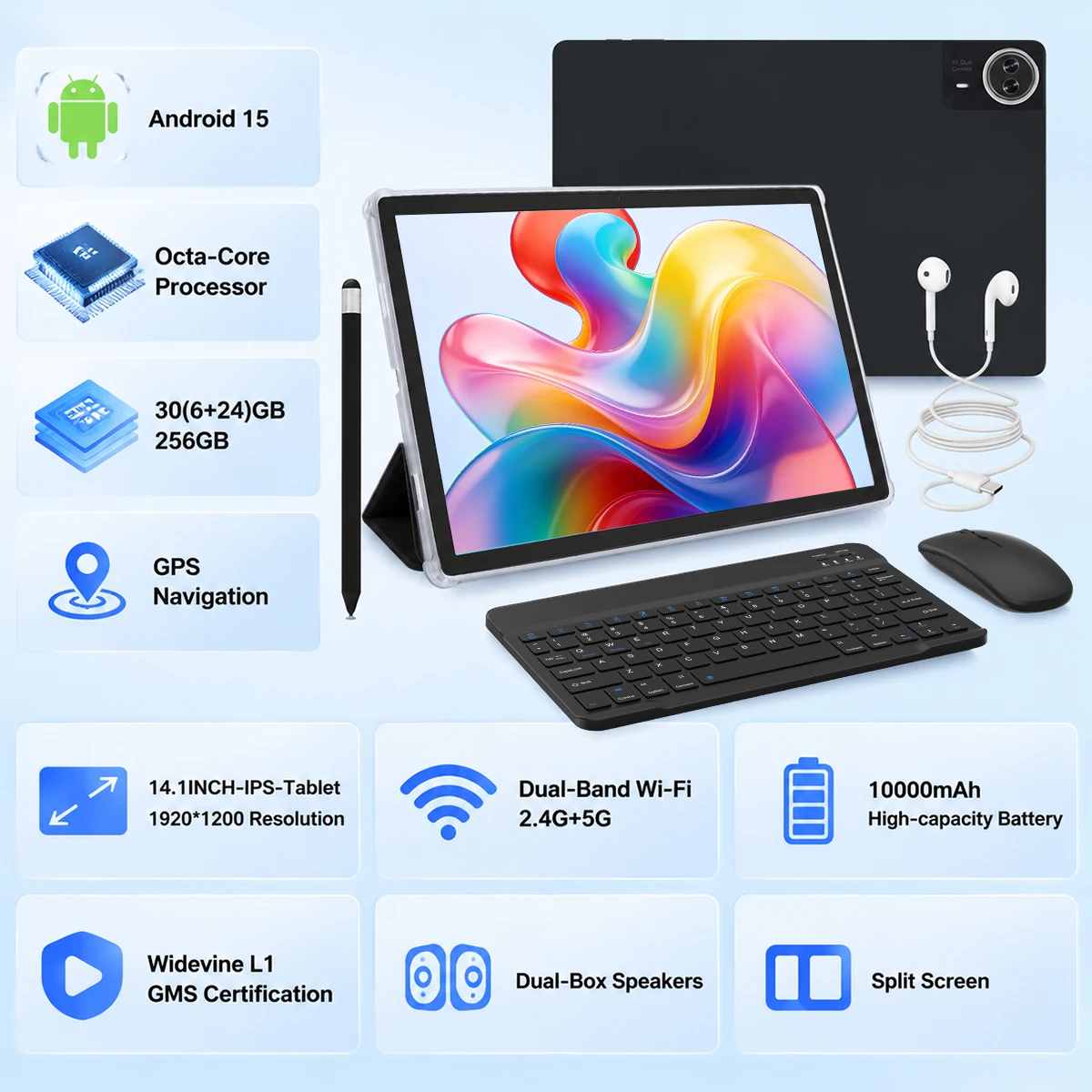 14.1 inch G140L Tablet PC Bundle Android 15, 30GB (6+24G Virtual) RAM+256GB Storage, A733 Octa Core,1920*1200 IPS Screen,10000mAh Battery, Dual Band WiFi, GPS, Full Accessories Kit for Entertainment