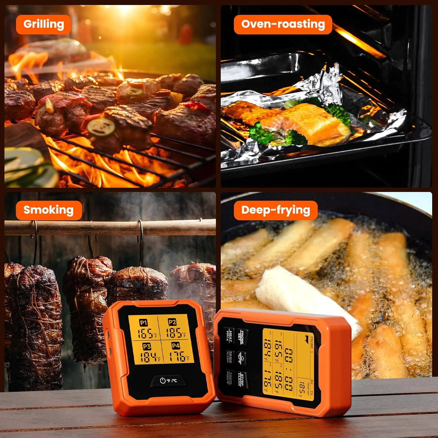 4-probe wireless thermometer for monitoring multiple dishes