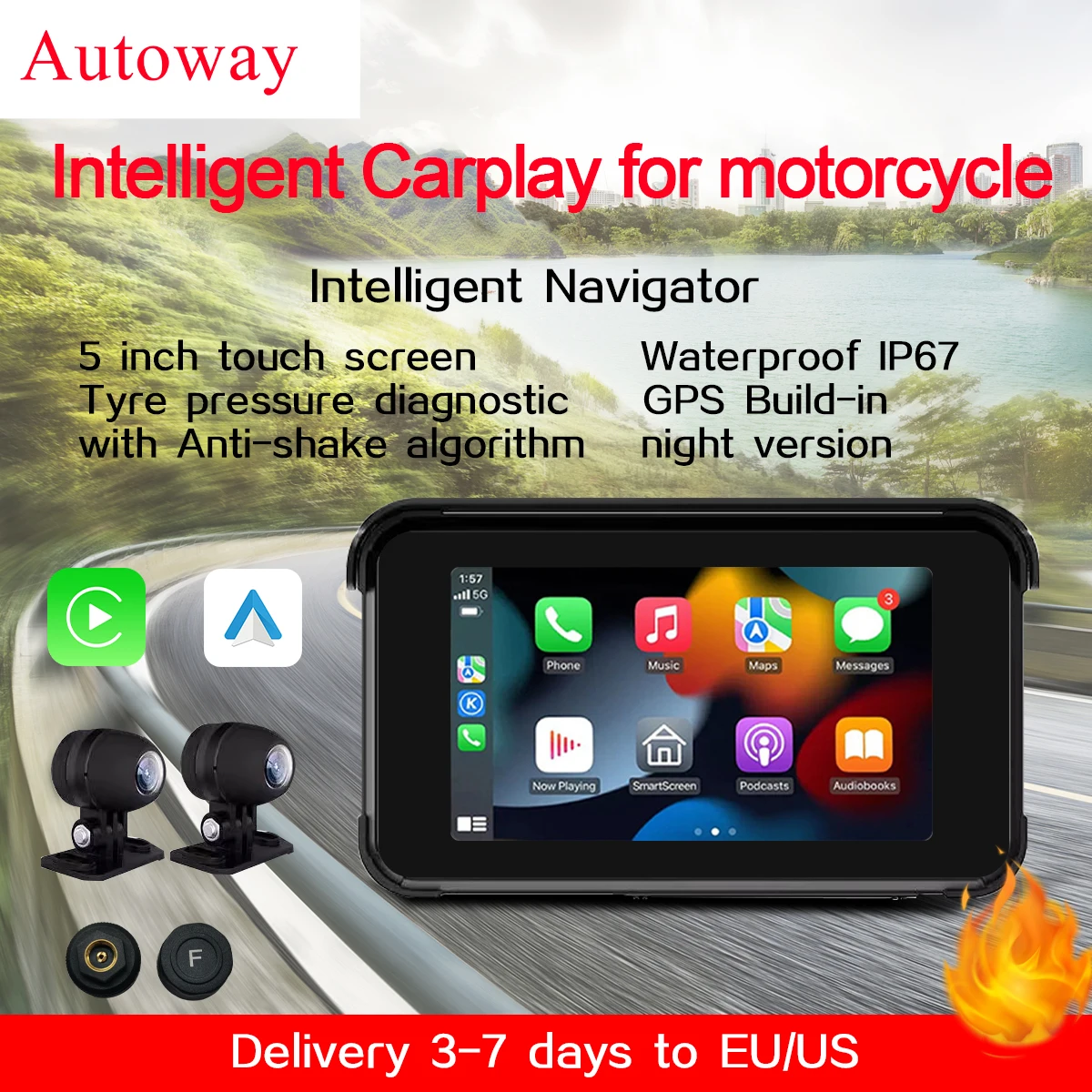 Autoway Waterproof Wireless Carplay for Motorcycle 5 Touch Screen Android Auto with GPS TMPS Anti shake Night Version Cameras