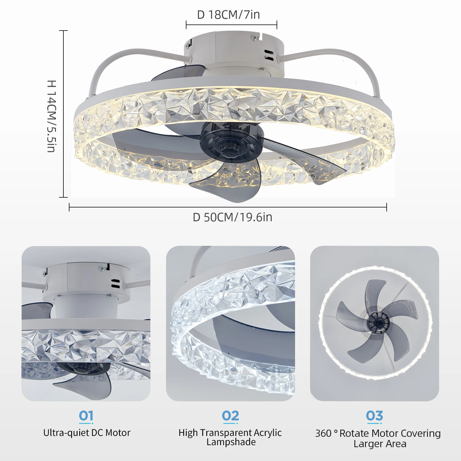 IRALAN 360°Oscillating Low Profile Ceiling Fan with Light,20" Modern LED Fan Light 3000K-6500K Stepless Dimmable Ultra Quiet 6